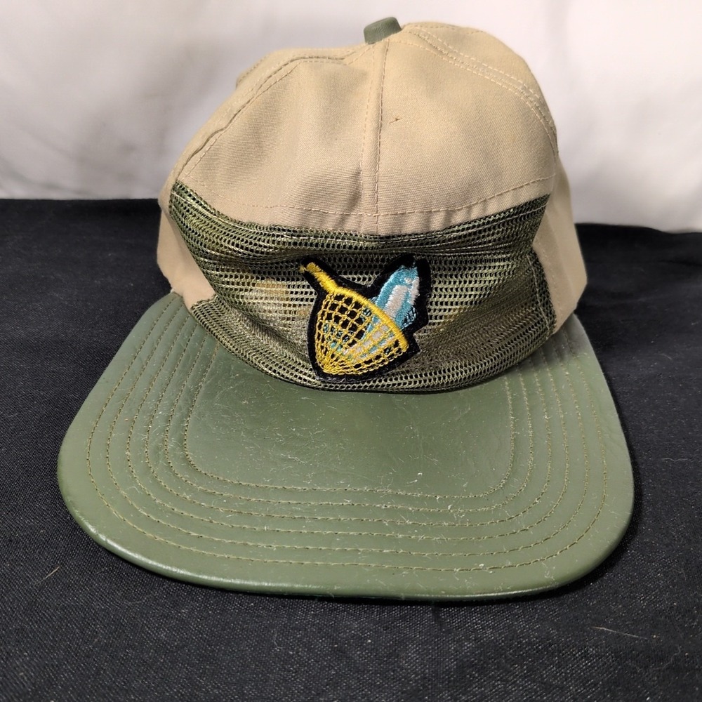 Vintage  Anglers Long‎ Brim Bill Fishing Hat Mesh Front Leather Bill Cap Brown